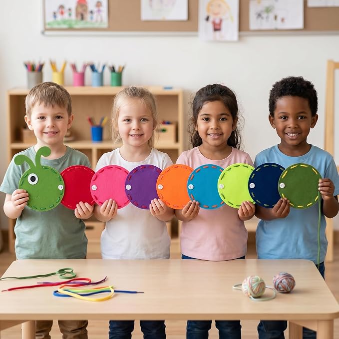 Fumete 19 Pcs Caterpillar Fuzzy Insect Lacing Card Set Felt Cartoon Fuzzy Insect Craft 10 Double Sided Sewing Card 9 Colorful Laces Funny Fine Motor Skill Supply for Educational Learning Activities