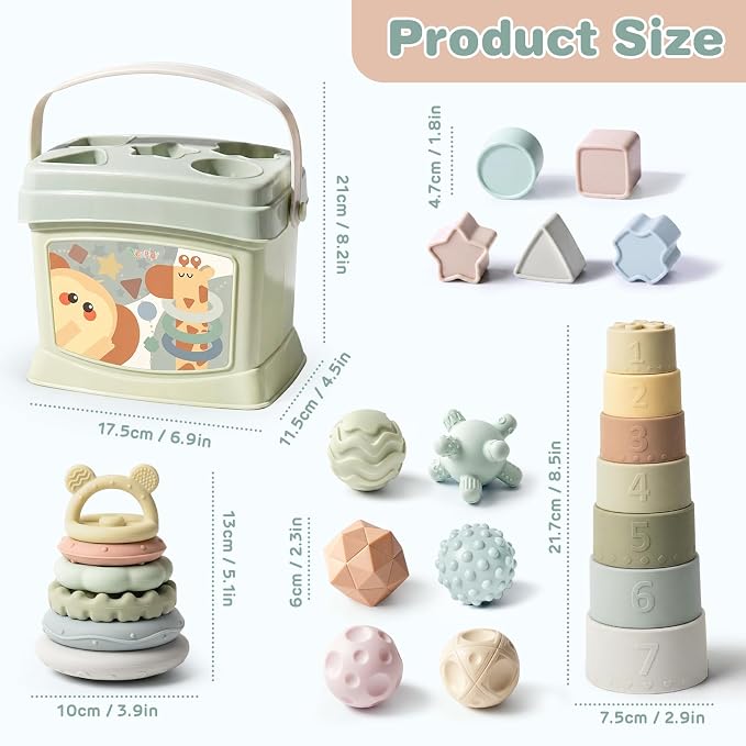 Baby Toys 6-12 Months,Montessori Toys for Babies,Stacking Cups,Shape Sorter | Sorting & Stacking Toys, Sensory Balls, Silicone Teething Toys for 6+ Months, Newborn Toys, Neutral Color Gift for Boys Girls