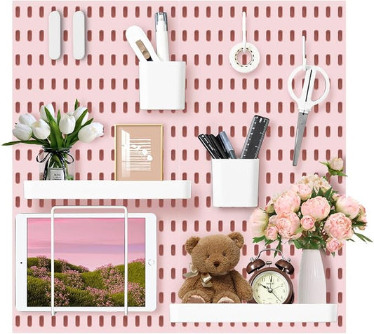 VUSIGN Pegboard Combination Wall Organizer Kit 22" x 22", Pink | 4 Pieces Pegboards and 17 Accessories, Wall Mount Display Peg board Panel Kits for Bedroom, Home, Office, Bathroom