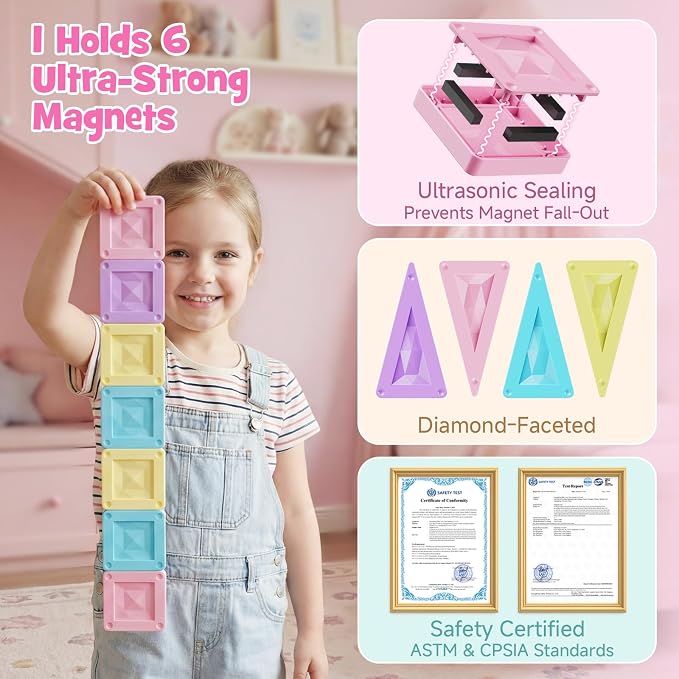 burgkidz Magnetic Tiles Travel Set: 40Pcs Pastel Macaron Portable Tin Case | Ultralight Tin Box Serves As Building Base, 45+ Mins Quiet Play, Fits Lap Tray for Airplane Trips, STEM Toy for Kids Ages 3+