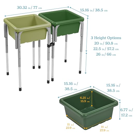 ECR4Kids 2-Station Sand and Water Adjustable Play Table, Sensory Bins, Fern Green/Hunter Green | Durable plastic/steel, GREENGUARD Gold Certified, 3-5 years, 80 lb capacity, adjustable legs, easy-lift lids, indoor/outdoor