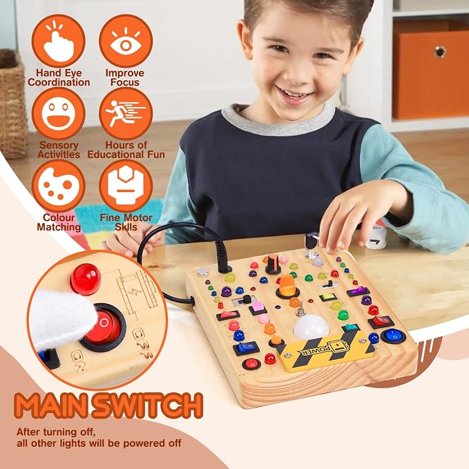 Busy Board with 19 LED Light Switches, Montessori Toys for 1 2 3 Years Old, Wooden Sensory Board, Toddlers Activity Travel Toys for 1 2 3 Year Old Boy & Girl Birthday Gift (Big)