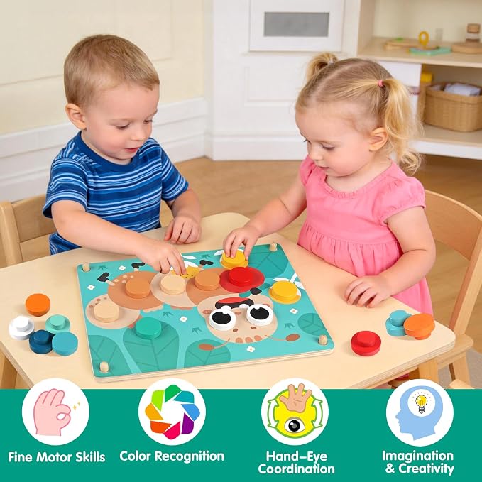 Button Art Toys for Toddlers, Mosaic Peg Board Toddler Color Matching Game | Wooden Puzzles for Toddlers 3-5, Color Matching Mosaic Pegboard with 30Button & 16Card Learning Resources Gift for Boys Girls