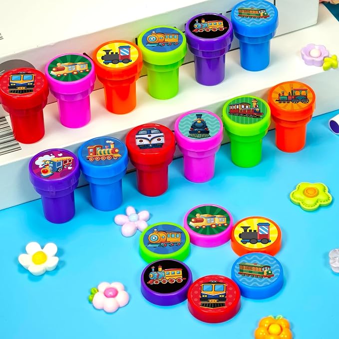 Cinrobiye 24 Pcs Train Stampers Party Favor Set, Cute Railway Train Stamps for Kids Birthday Party, Classroom Rewards, Carnival Prizes, Goody Bag Fillers, Transportation Themed Party Supplies
