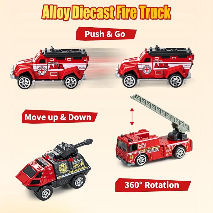6 Pack Diecast Fire Truck, Mini Alloy Fire Truck Toy for Toddlers 3-5 Firetruck City Emergency Cars Toys Set for Kids Boys Age 3 4 5 6 7 Years Old Goodie Bag Stuffers Birthday Gift