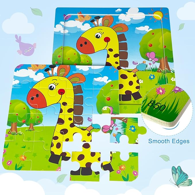Sealive Wooden Animal Puzzles for Kids Ages 3-5, 6 Pack 16 Piece Jigsaw Set | for Toddlers & Preschoolers, with Early Learning, Fine Motor Skills, Problem Solving, Screen-Free Play, Travel & Gift Option