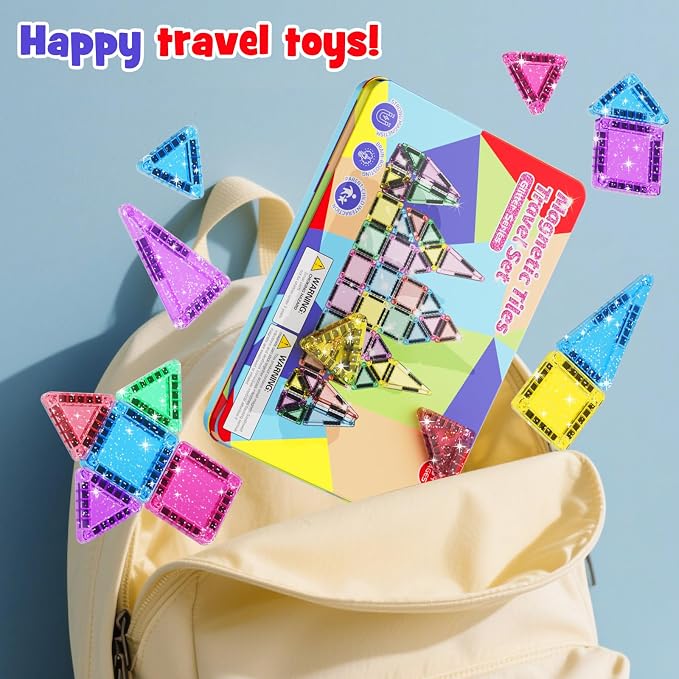 Travel Glitter Magnetic Block Set with Storage Box | STEM Educational Sensory Preschool Building Toy for Toddlers, Ideal Kids Gifts for Ages 3-6
