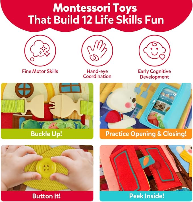 Busy Book for Toddlers 1-3, Toddler Travel Toy and Montessori Quiet Book with Attached Bunny, 12 Fine Motor Activities Gifts for 1 Year Old Boys Girls Birthday Gift