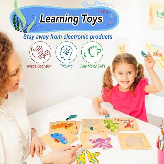 8pcs Wooden Puzzles for Toddlers 1-3, Toddler Puzzles Ages 2-4 | Montessori Toys for 1-3+ Years Girl Boy, Sea Animal Puzzle for Kids, Jigsaw Puzzle Educational Preschool for 1-4