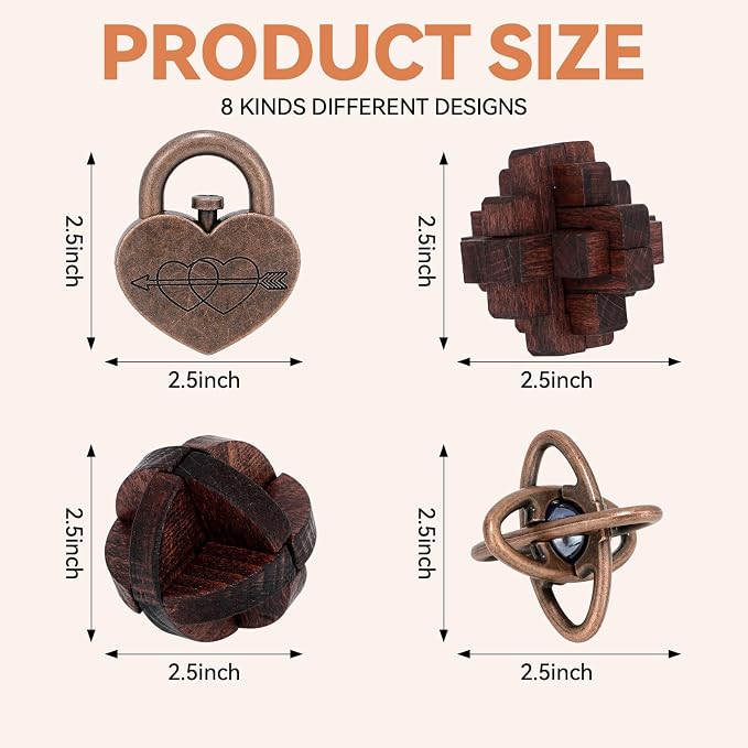 Mytothfy Brain Teaser Puzzles for Adults Teens Kids, 3D Puzzle Game Toys | 8 Pcs Metal & Wooden Unlock Interlocking Puzzle for Adults Teens, IQ Education Smart Toys, Train Family Games Party Favor