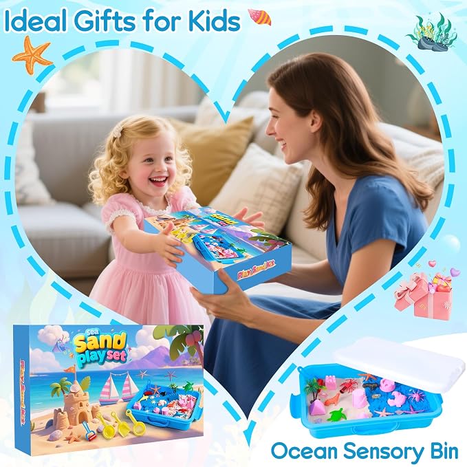 Mikiwon Ocean Sensory Bin, Sandbox Play Sand Art Kit with 1.65lbs Play Sand, Sea Animal Toys Molds, Sensory Play for Girls Boys Age 3 4 5 6 7 8, Beach Toys for Kids Xmas Birthday Gifts