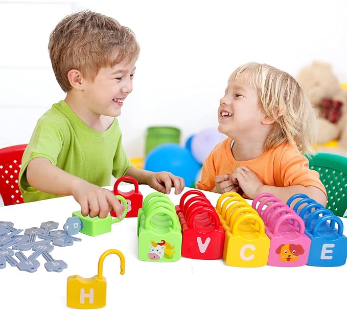 Dinhon Color Alphabet Learning Lock Toys Educational Letter Combination-with 26 Locks, 26 Keys Montessori Preschool Alphabet Learning Game for Ages 3 yrs+