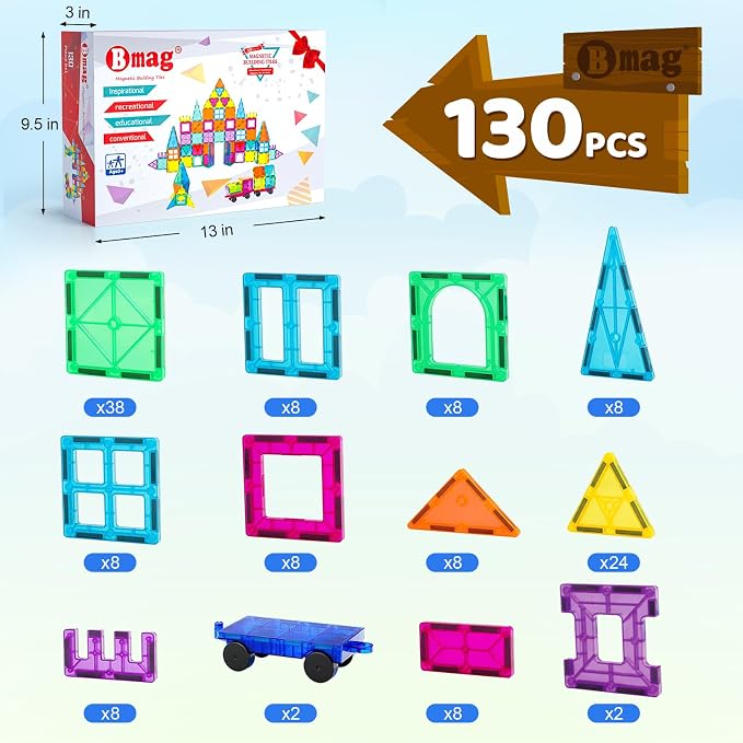 Bmag 130PCS Magnetic Tiles Building Blocks with 2 Cars | 3D Clear Magnet Blocks | STEM Preschool Toys for 3-9+ Kids | Christmas & Toddler Gift | Compatible with Major Brands
