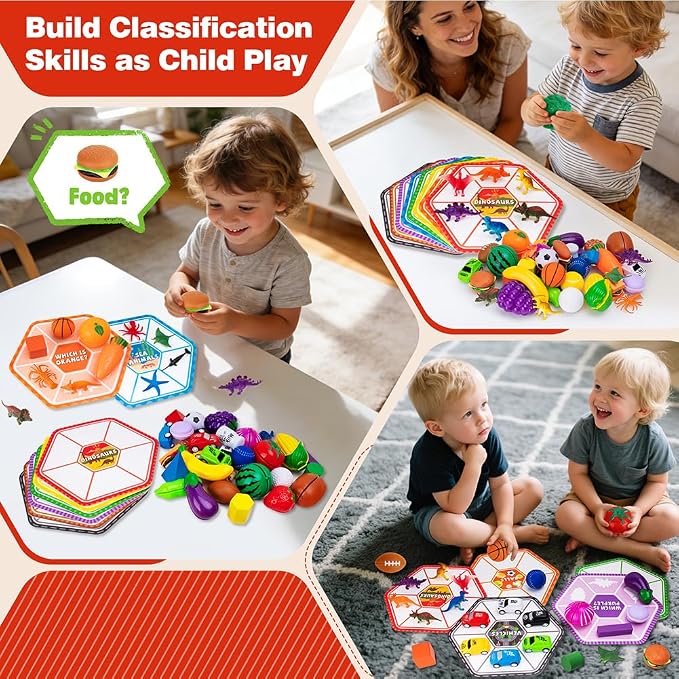 48-Piece Sorting-Toys-for-Toddlers, Learning Fine-Motor-Toys Sorting-Games | Sorting Matching Toys Match Card & Sort Game Set with Storage Bag, Animals Dinosaurs Fruits Foods Balls Playset for Ages 2–5