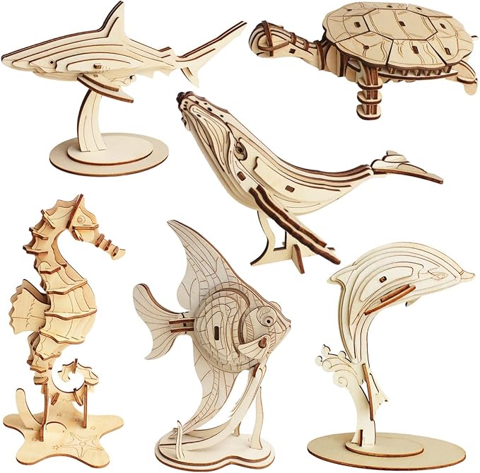 3D Wooden Sea Animal Puzzle, 6 Piece Set Wood Sea Animals Skeleton DIY Assembly Model Kits, Wooden Crafts Brain Teaser Puzzle, STEM Gifts for Adults & Teens Birthday Gifts Xmas