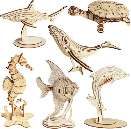 3D Wooden Sea Animal Puzzle, 6 Piece Set Wood Sea Animals Skeleton DIY Assembly Model Kits, Wooden Crafts Brain Teaser Puzzle, STEM Gifts for Adults & Teens Birthday Gifts Xmas