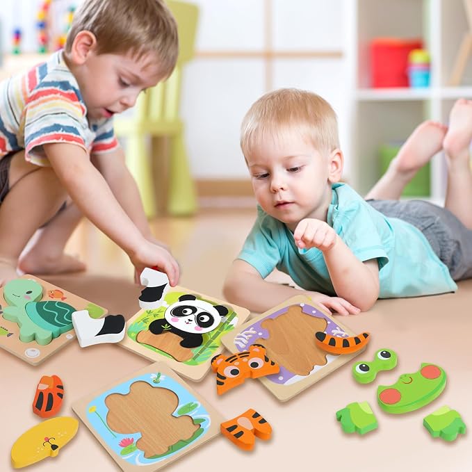 Wooden Puzzles for 2-4, 6 Pack Animal Shape Puzzle Montessori Toys for 2 3 4 Year Old, Educational Learning Toys for Girls Boys