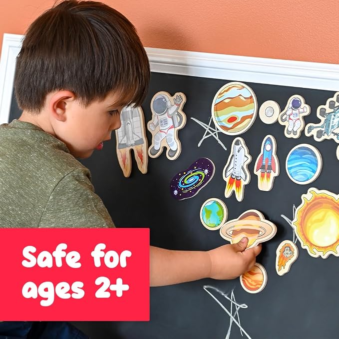 SPARK & WOW Wooden Magnets, Space, Set of 20 | Magnets for Kids Ages 2+, Adhere to Fridges, Whiteboards and More