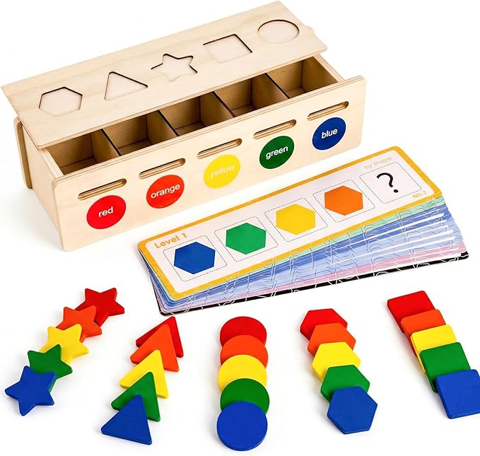 LovesTown 3-in-1 Wooden Shape Color Sorter Box with Logic Cards | Educational Matching Puzzle Game, Fine Motor Skills Development, Montessori Learning, For Toddlers