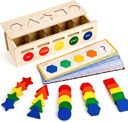 LovesTown 3-in-1 Wooden Shape Color Sorter Box with Logic Cards | Educational Matching Puzzle Game, Fine Motor Skills Development, Montessori Learning, For Toddlers