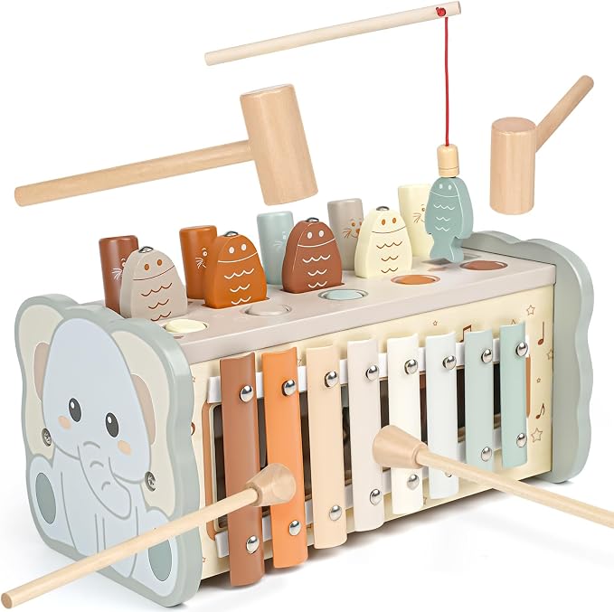 Joyreal Wooden Montessori Toys for 1 Year Old Hammering Pounding Toys | Xylophone, Fishing Game, Gears, Educational Toddler Activities, Christmas Birthday Gifts for 1 2 3 Year Old, Neutral Color