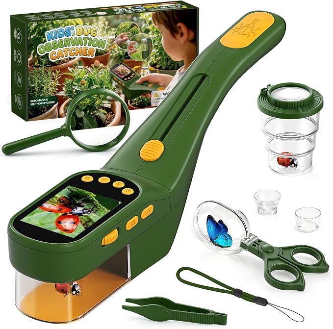 Kids Bug Catcher Microscope STEM Exploration Toy for Ages 3+ | 2.4" IPS screen, 500X Magnification, 8 LED lights, photo and video record, bug catching kit for kids 3‑12 outdoor STEM toy