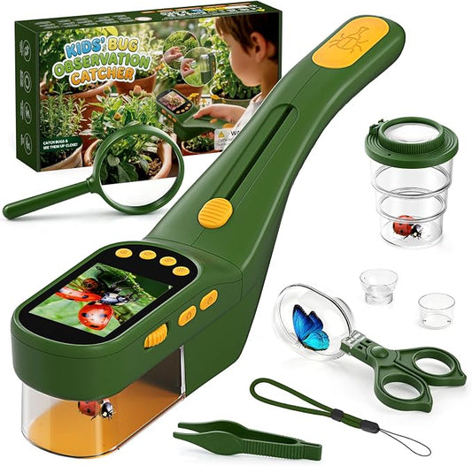 Kids Bug Catcher Microscope STEM Exploration Toy for Ages 3+ | 2.4" IPS screen, 500X Magnification, 8 LED lights, photo and video record, bug catching kit for kids 3‑12 outdoor STEM toy
