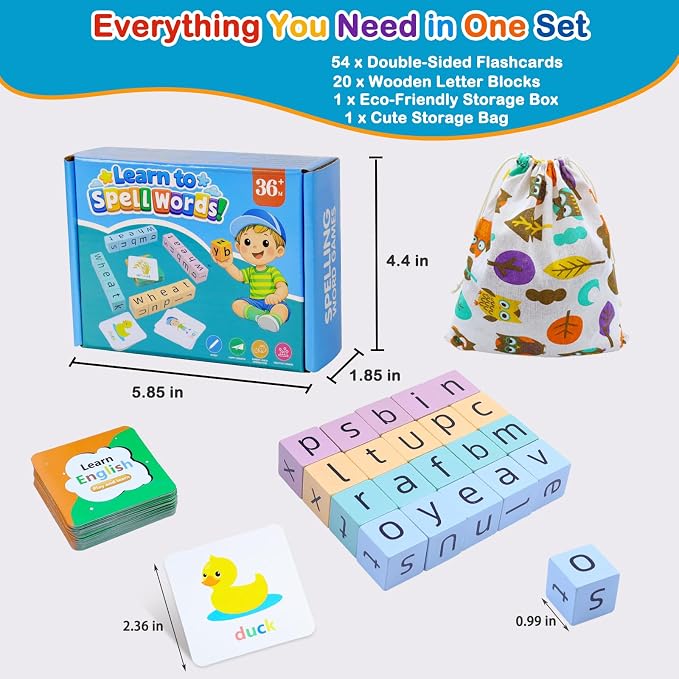 Spelling Games for Kids Ages 3-8, Phonics Matching Game with 54 Flash Cards & 20 Letter Blocks, CVC & Sight Word Building Reading Game, Classroom Must Haves for Preschool & Kindergarten