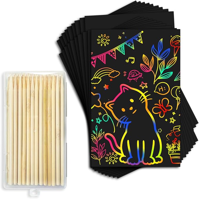 Cityrosy Rainbow Scratch Art Paper Crafts120pcs(80 Papers+40 Stylus pens) | Black Magic Scratch Off Craft Set Classroom Supplies Kits 3-12 Years Old Girls Boys Games Birthday Gifts Easter
