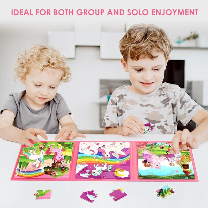 Magnetic Puzzles for Kids Ages 4-6, 20-Piece Preschooler Travel Toys Unicorn Princess Puzzles Ages 3-5, Educational Learning Magnets, Ideal Road Trip Activities Toys for 3 4 5 6 Boys and Girls