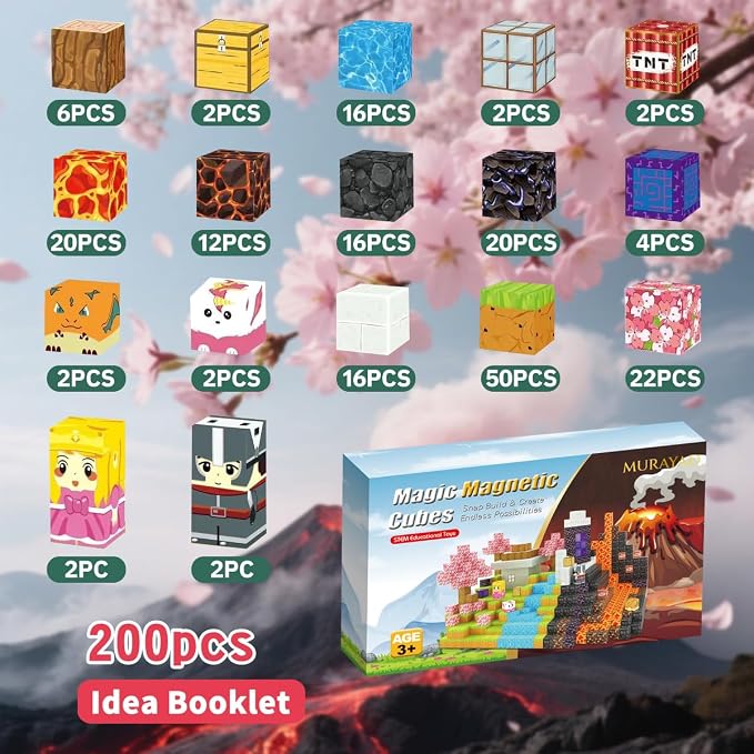 200PCS Magnetic Building Blocks for Kids Ages 3+ - STEM Lava Magnet Cubes Educational Set, Montessori Sensory Learning Toys for Boys & Girls, Indoor Outdoor Kids Birthday Gift.