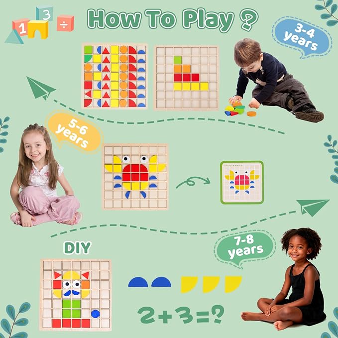 Wooden Pattern Blocks with Grid Board 142PCS Wood Mosaic Tiles Montessori Shape Puzzle Tangrams for Kids with Storage Bag Preschool Educational Toys for Boys Girls Ages 3+