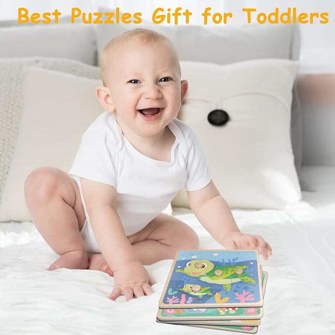 Chunky Wooden Puzzles for Toddlers 1-3: 4 PCS Animals Peg Puzzles Toys | 10 Reinforced Design Tested to 1,000+ Assembly Cycles - Big Pieces for Little Hands - Gift for 1-3 Year Olds Girl Boy