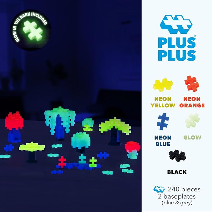 PLUS PLUS 240 Piece Glow Mix Tube & Baseplate - Waffle Blocks Stem Toy | Sensory Bin Fillers, Gifts for Boys & Girls, Classroom Must Haves, Christmas Stocking Stuffers for Kids, Math Manipulatives