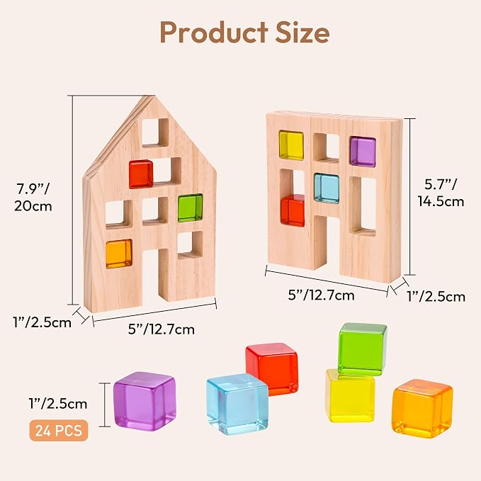 Woodtoe 24 PCS Rainbow Blocks Set, Wooden Building Blocks for Kids Ages 3-6 | Montessori Stacking Toy, Educational STEM Sensory Activity, Creative Building Game, 2 Wood House, Birthday Toy for Boys Girls