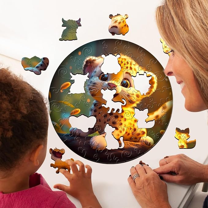Wooden Puzzles for Kids Ages 6-8, Cute Leopard (50 Pieces) | Unique Animal Wooden Jigsaw, Irregular Cutouts, Home Decor Educational Toy & Christmas Kids Gift, 11.4*11.4 In