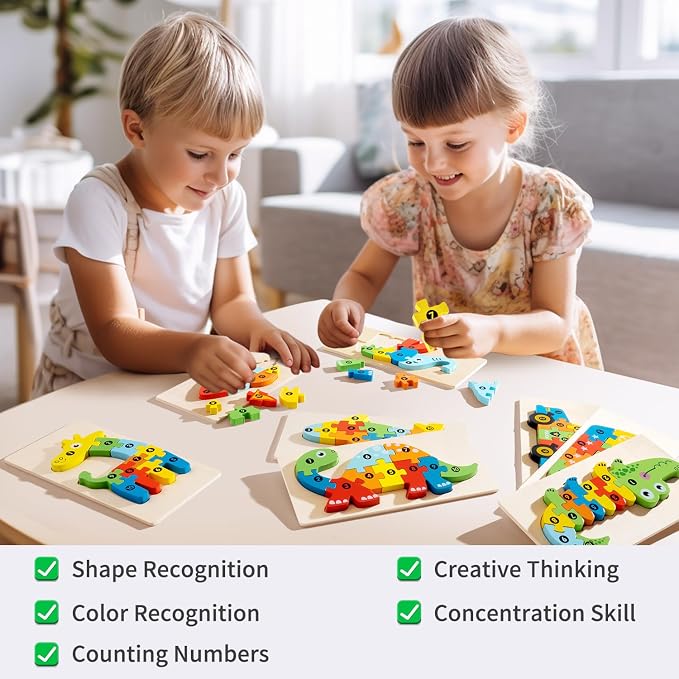 6 Pack Wooden Puzzles for Toddlers Ages 3-5, Montessori Vehicle Puzzle Toys | 60 Pieces, with Numbers 1-10, CPC certified, Educational Learning Toy, Birthday Gift for 3 4 5 Year Old Boys & Girls