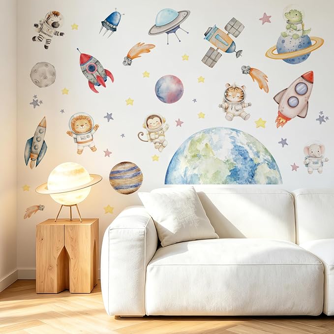 LHIUEM Space Animal Astronaut Wall Decals 39"X12" Cute Outer Space Peel and Stick Wall Stickers Planet Rocket Bulletin Board Decor Removable Self Adhesive Educational for Kids Bedroom Nursery