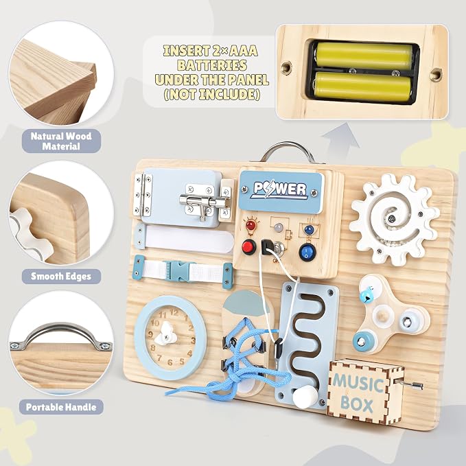 Joyreal Wooden Busy Board for Toddlers, 10-in-1 Montessori Sensory Toys with Music Box, Activity Learning Board with Door Hidden Mirror, Educational Travel Toy for 1 2 3 Year Old Boys Girls