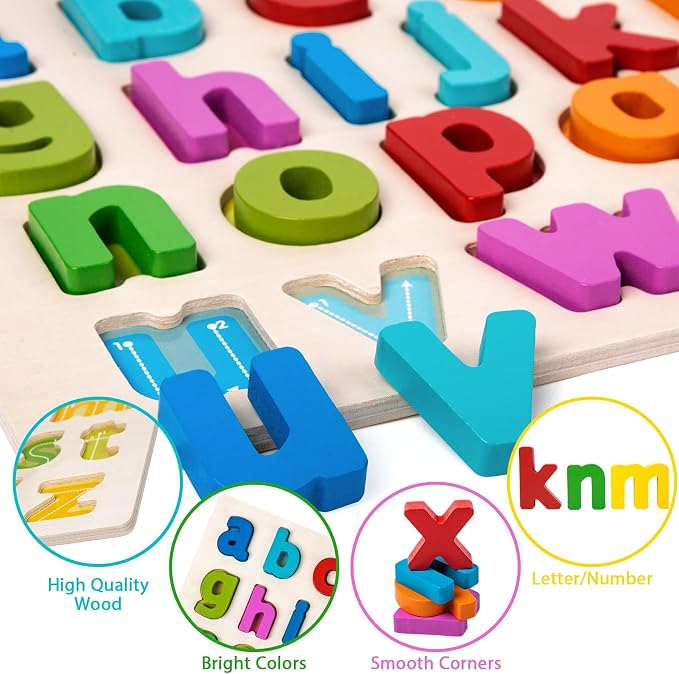 Alphabet Puzzle Wooden Puzzles for Toddlers ABC Puzzle | Shape Alphabet Learning Puzzles Toys with Puzzle Board & Letter Blocks for Preschool Girls Boys Lowercase Letter Puzzle
