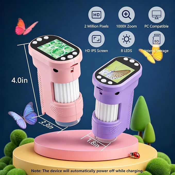 Kids Digital Microscope, 1000X Handheld Pocket Microscope STEM Science Toy | 2.0" IPS Screen, 8 LED Lights, Photo & Video Capture, Rechargeable Design, Educational STEM Gift for Kids Ages 3-12