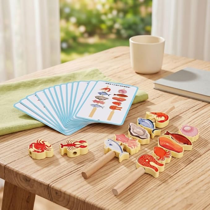 Children Cognitive Game Educational Toy Fruit Skewer Threading Game Stacking Blocks Lacing Beads Wooden Material for Early Learning Fine Motor Skills, Vegetable Skewers
