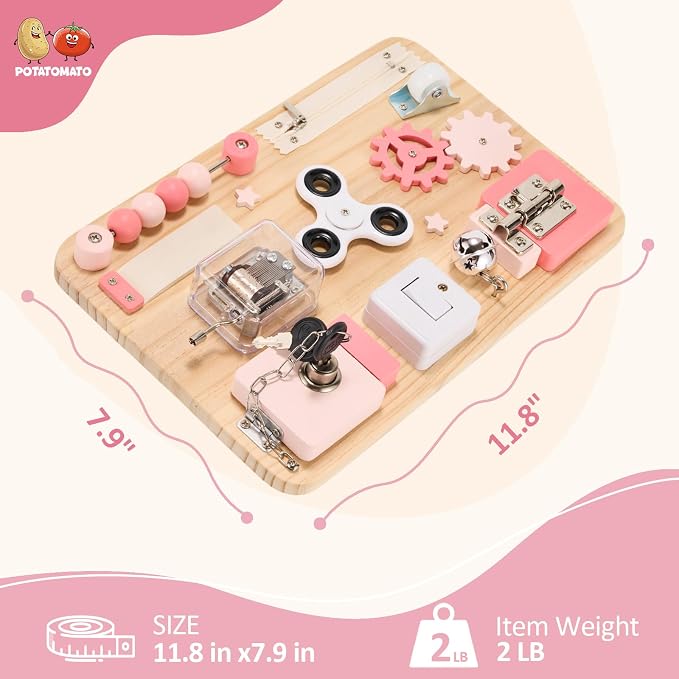 Potatomato Pink Montessori Wooden Busy Board – Sensory Toy for Toddlers – Educational Activity Board for Kids Fine Motor Skills– Travel Fidget Toy for Girls & Boys – Birthday Gift for Autism & ADHD