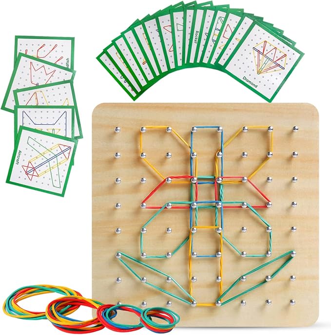 Wooden Geoboard, Montessori STEM Toy with Pattern Blocks for Kids Ages 3+ | Rubber Bands & Pattern Cards, Fine Motor Math Learning Geo Board, Classroom Home STEM Activity, Brain Teaser Educational Gift