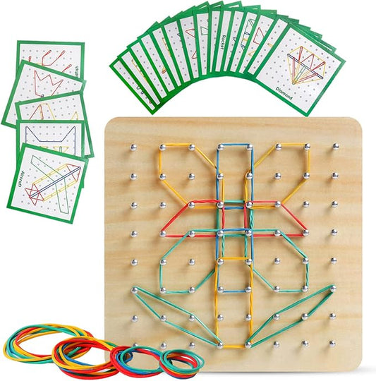 Wooden Geoboard, Montessori STEM Toy with Pattern Blocks for Kids Ages 3+ | Rubber Bands & Pattern Cards, Fine Motor Math Learning Geo Board, Classroom Home STEM Activity, Brain Teaser Educational Gift