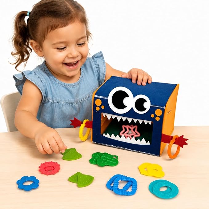 edusense Monster Feed Me - Feeding Game Sensory Toy for Toddlers 3+ | 20 Washable Silicone Shapes | Fine Motor Skills & Color Recognition | OT Sensory Play for Autism | Self-Storing Travel Toy