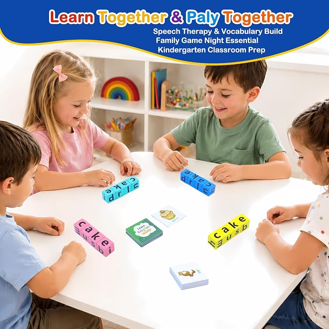 Spelling Games for Kids Ages 3-8, Learn to Read Phonics & Word Building Game with 40 Flash Cards, 16 Wooden Letter Blocks for Screen-Free Family Fun & Preschool Classroom Learning