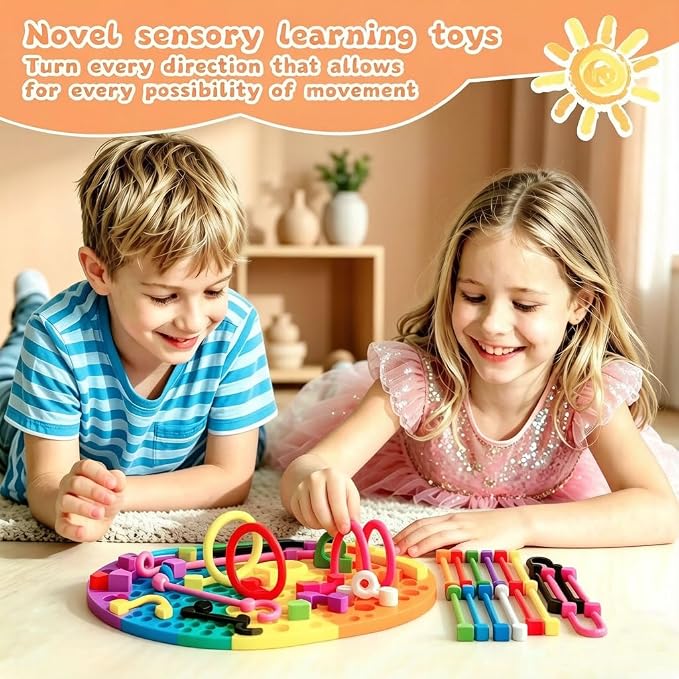 Round Sensory Activity Board, Sensory Toys for Kids with Autism, Stress Relief Silicone Quiet Fidget Toy for Toddlers Kids Adults, ADHD Autism Sensory Toys | Includes Portable Travel Bag & 12 Strings