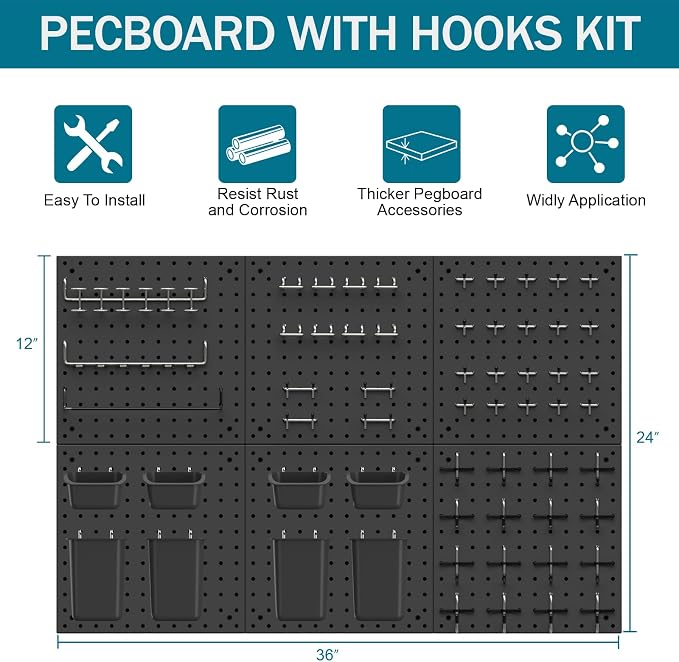 Peg Board Kit, Includes Pegboard and Accessories,with Hooks and Bins,Peg Board Wall Organizer for Office,Ornaments Display,Crafts Organization (129, Black)