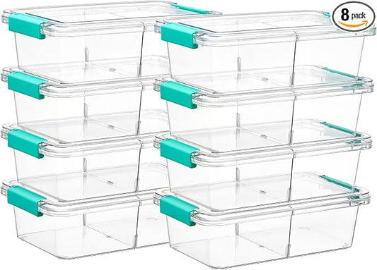 Vtopmart 1.5Qt Stackable Clear Pencil Box with Removable Divider, 8 Pack | Storage Containers for Pens, Pencils, Crayons,Craft, Sticker and Office Supplies, BPA-Free PET Plastic,Secure Side Latches